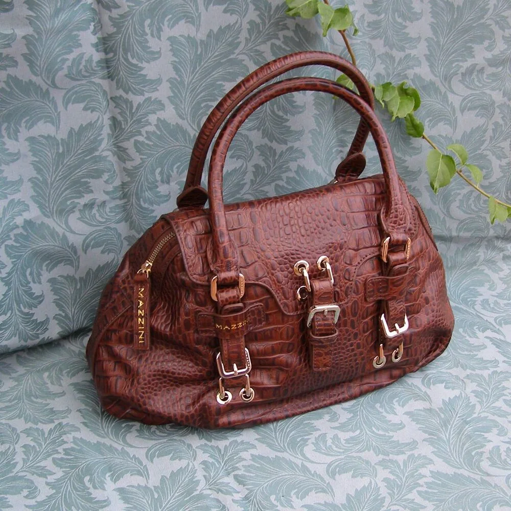 NEW MAZZINI Brown Leather Bag w/Tag Croc Embossed